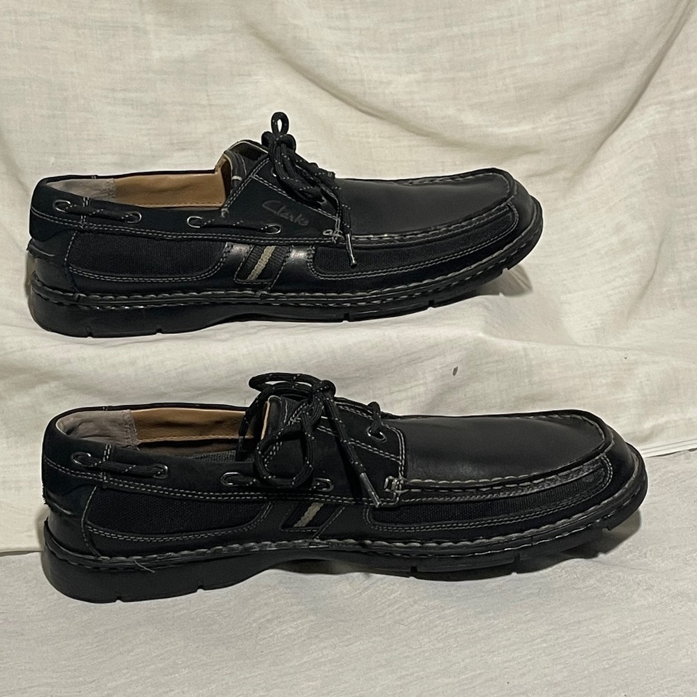 Clarks Waterloo Men 12 Leather Boat Shoe Black Lace Up Comfort Slip On Loafer